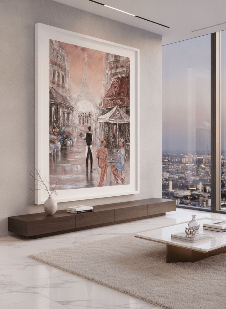 Monumental artwork centred on a feature wall in a luxe interior