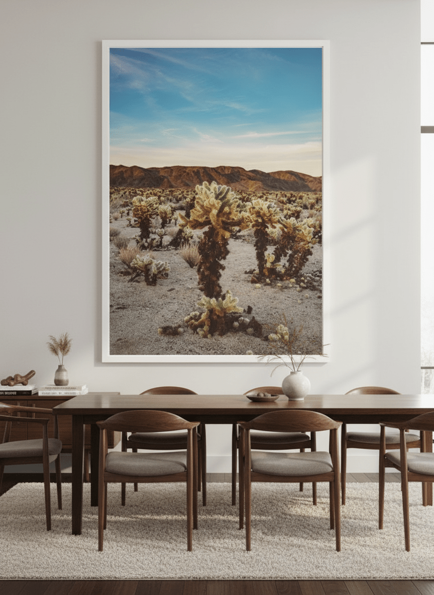Monumental artwork centred on a feature wall in a luxe interior