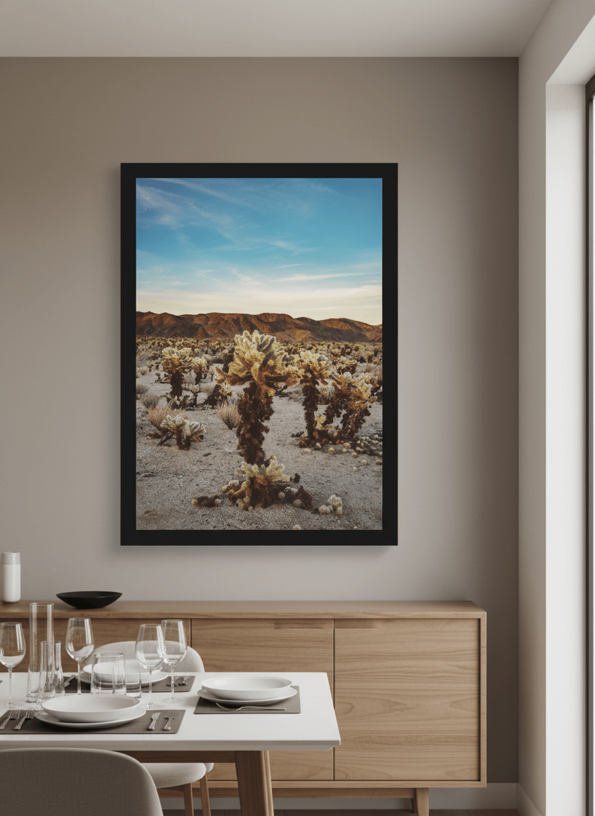Wall art styled above a dining table in a contemporary home