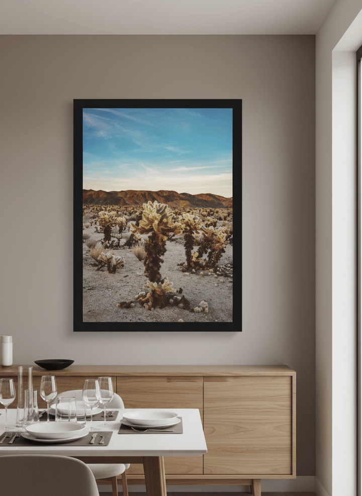Wall art styled above a dining table in a contemporary home