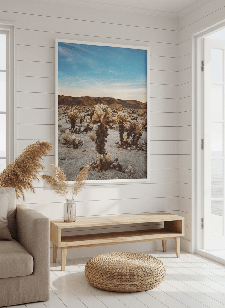 Neutral wall art displayed in a sunny coastal beach house