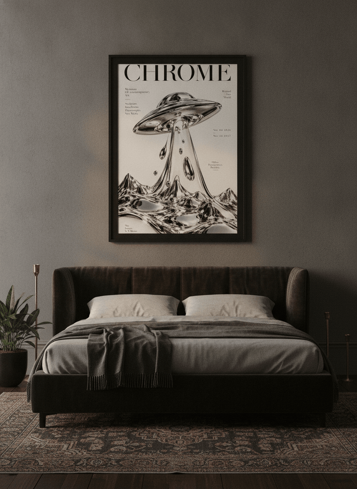 Modern wall art print styled on the wall in a moody bedroom