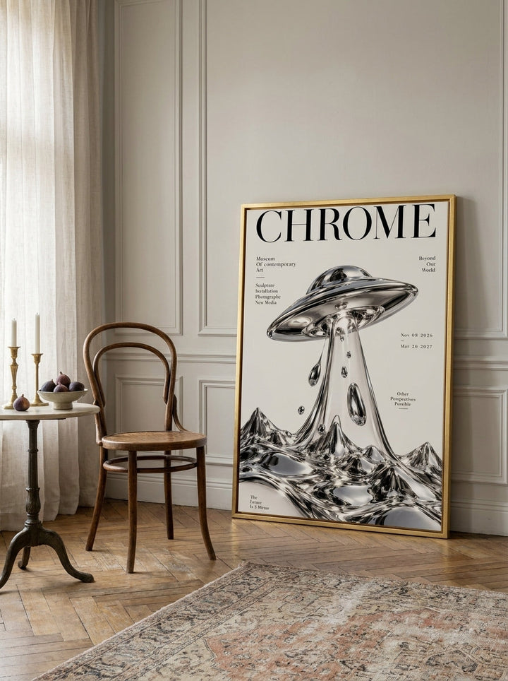 Oversized statement canvas wall art with a gold leaf surround leaning against the wall in a Parisian living room