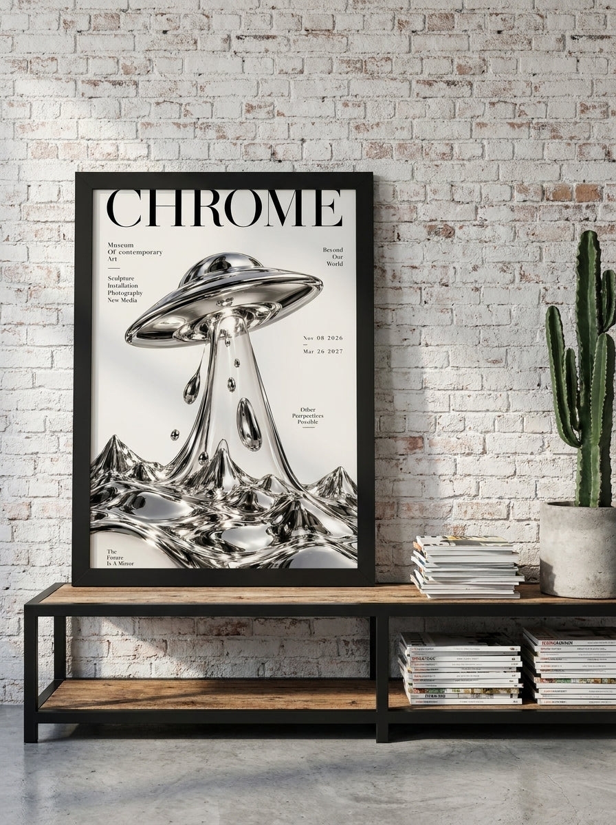 Modern wall art print standing on a console in an industrial loft home office