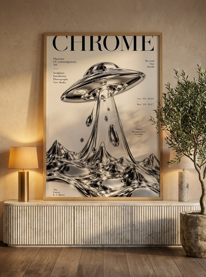 Modern wall art print standing on a sideboard in a luxe living room