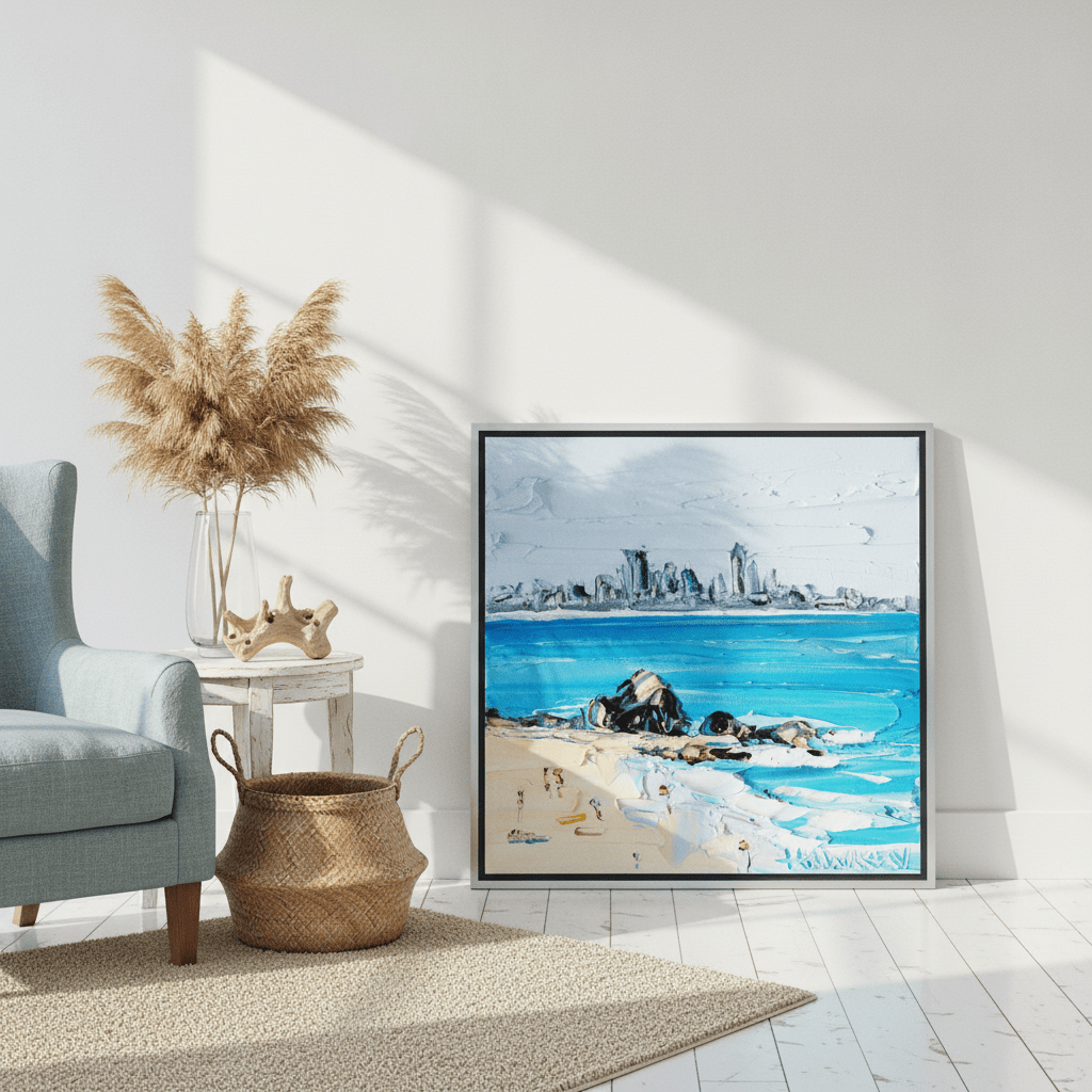 Canvas wall art with a silver leaf surround leaning against the wall in a coastal living room