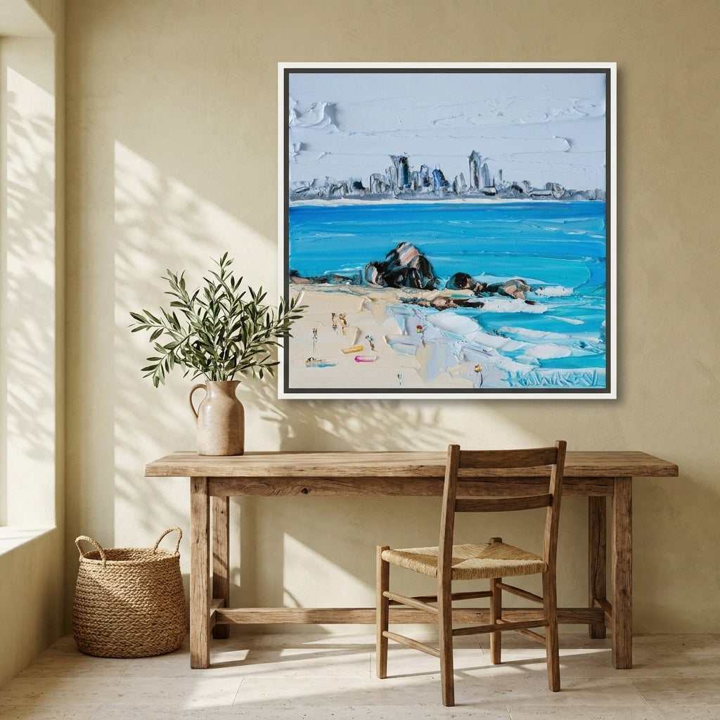 Canvas wall art with a white surround styled on the wall in a Mediterranean home office