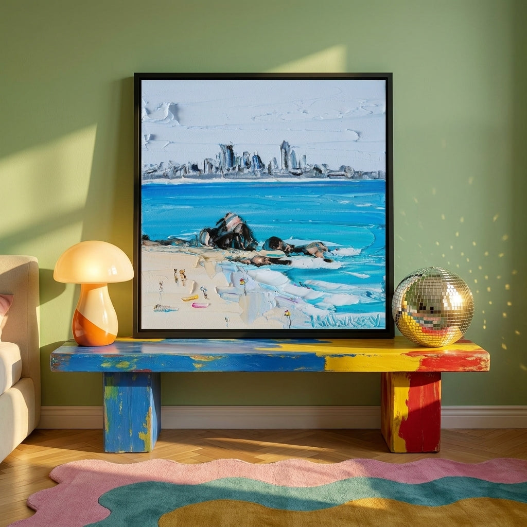 Canvas wall art with a black surround standing on a side table in a colourful eclectic bedroom
