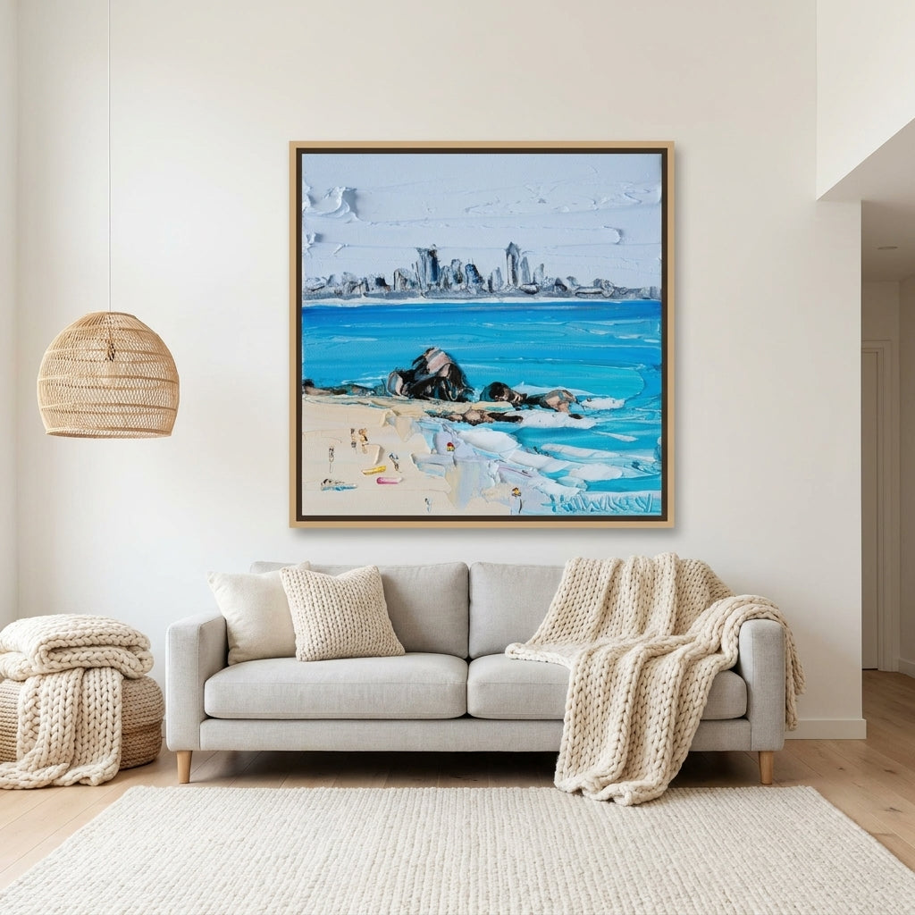 Oversized statement canvas wall art with a natural timber surround styled on the wall in a bright Scandinavian living room