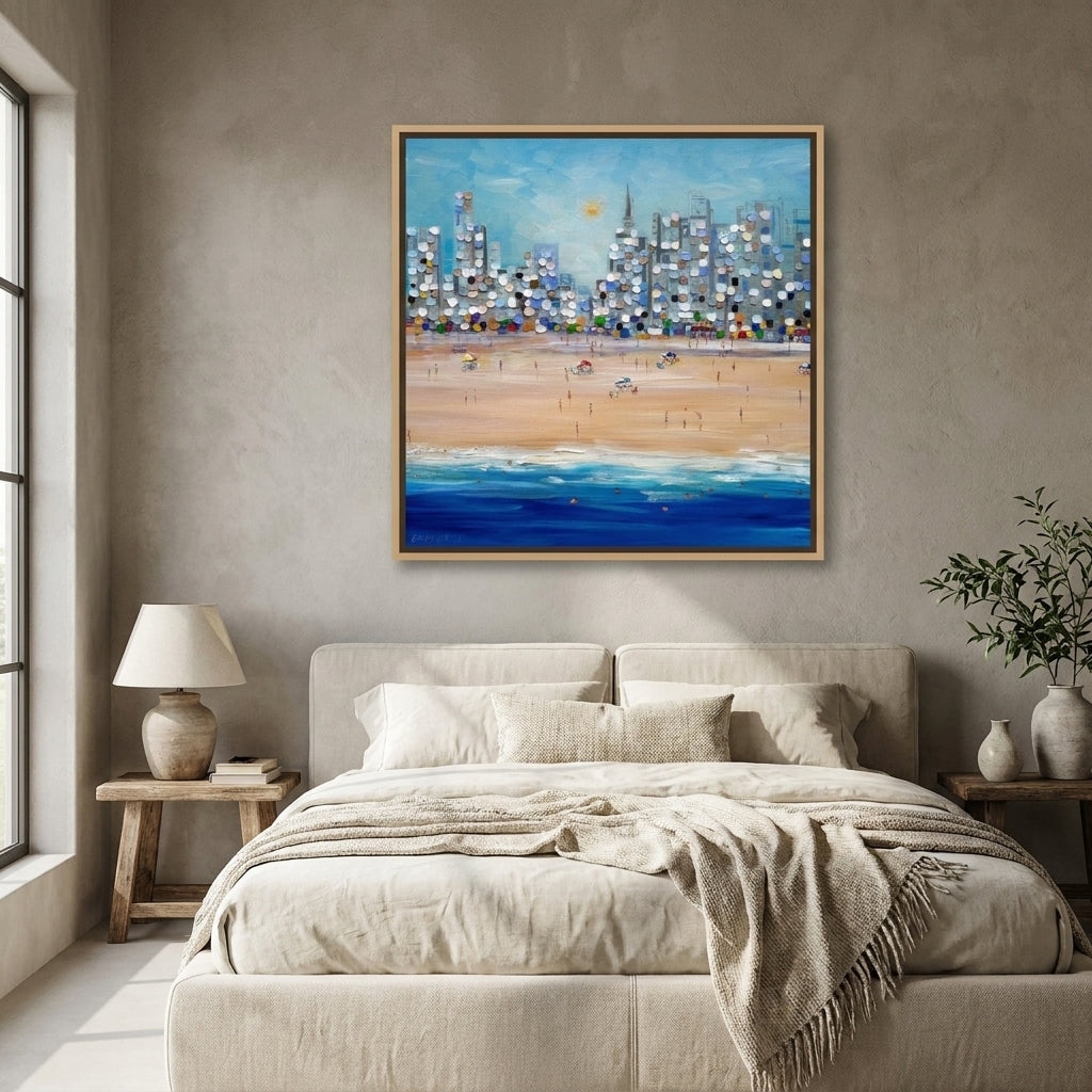 Canvas wall art with a natural timber surround styled in a calm, light-filled bedroom