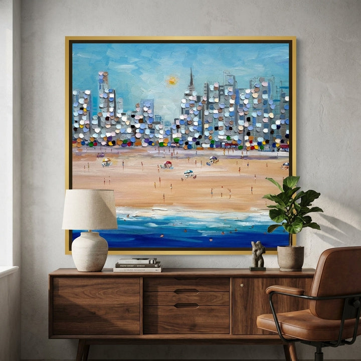 Canvas wall art with a gold leaf surround styled in a bright modern office