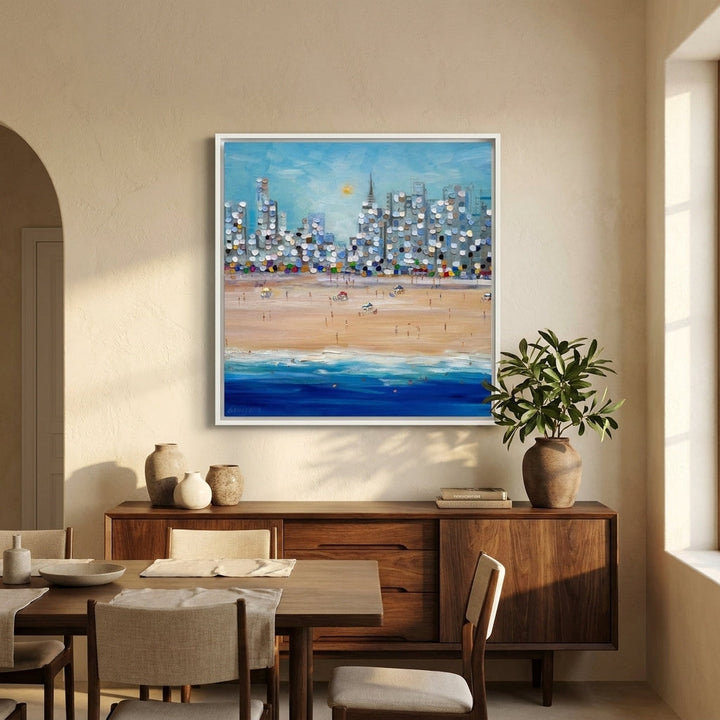 Canvas wall art with a white surround styled in a contemporary dining room