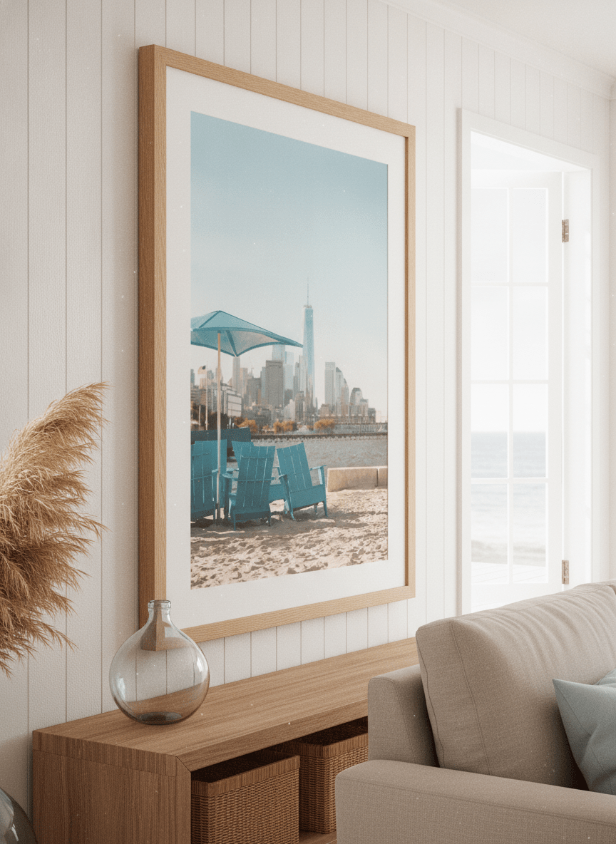 Neutral wall art displayed in a sunny coastal beach house