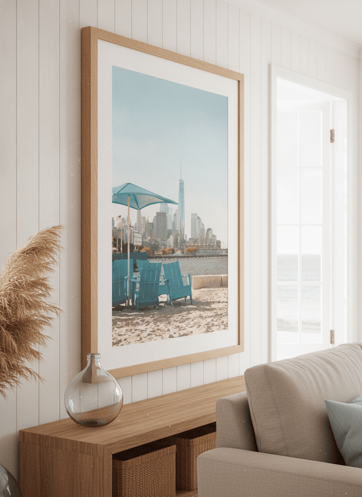 Neutral wall art displayed in a sunny coastal beach house