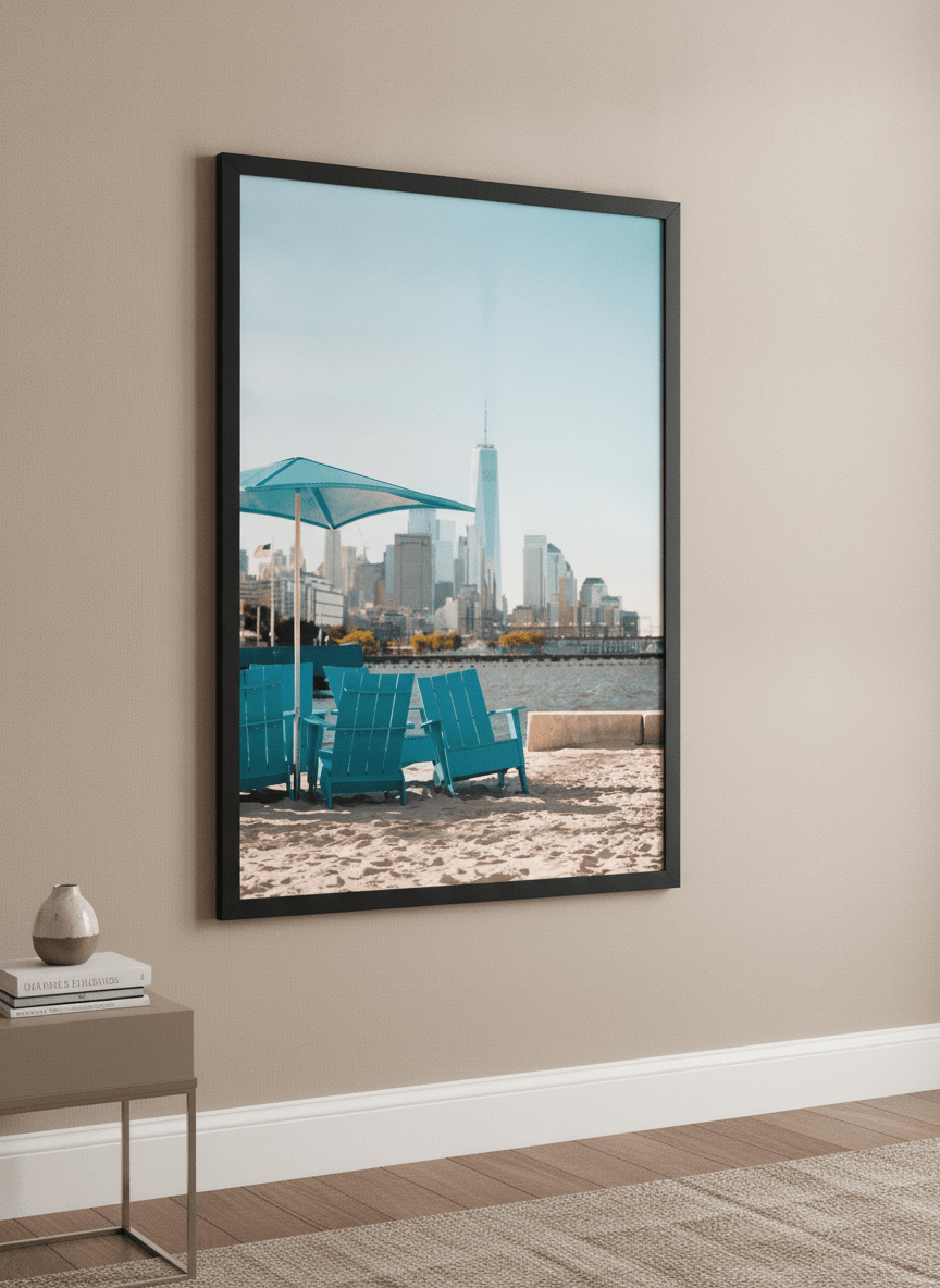 Modern wall art styled above a sofa in a neutral living room
