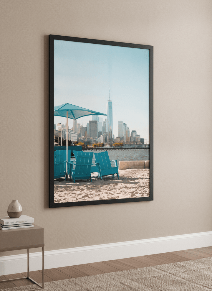Modern wall art styled above a sofa in a neutral living room