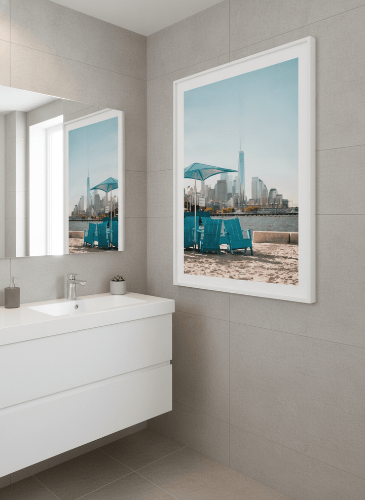 Modern print displayed in a clean minimalist bathroom setting