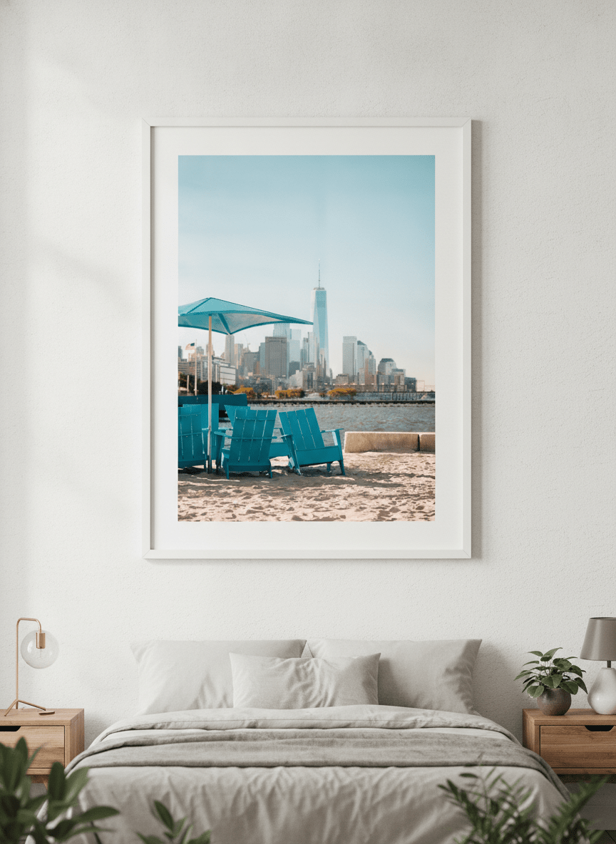 Minimalist artwork displayed in a calm, light-filled bedroom interior