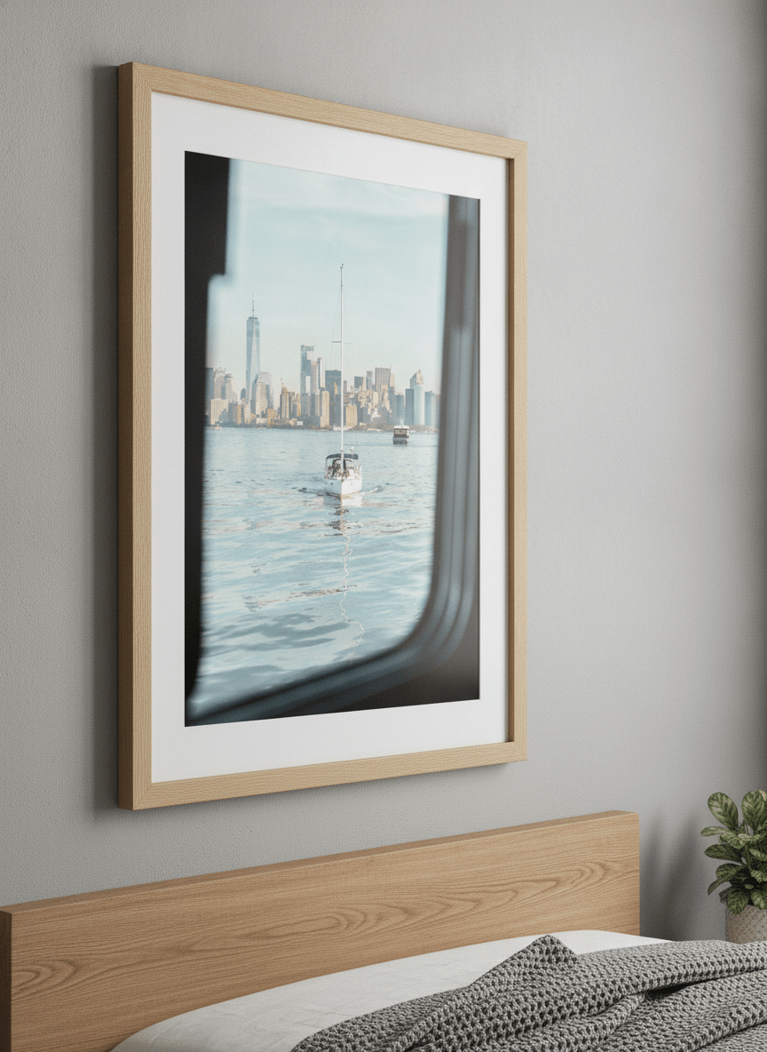 Minimalist artwork displayed in a calm, light-filled bedroom interior