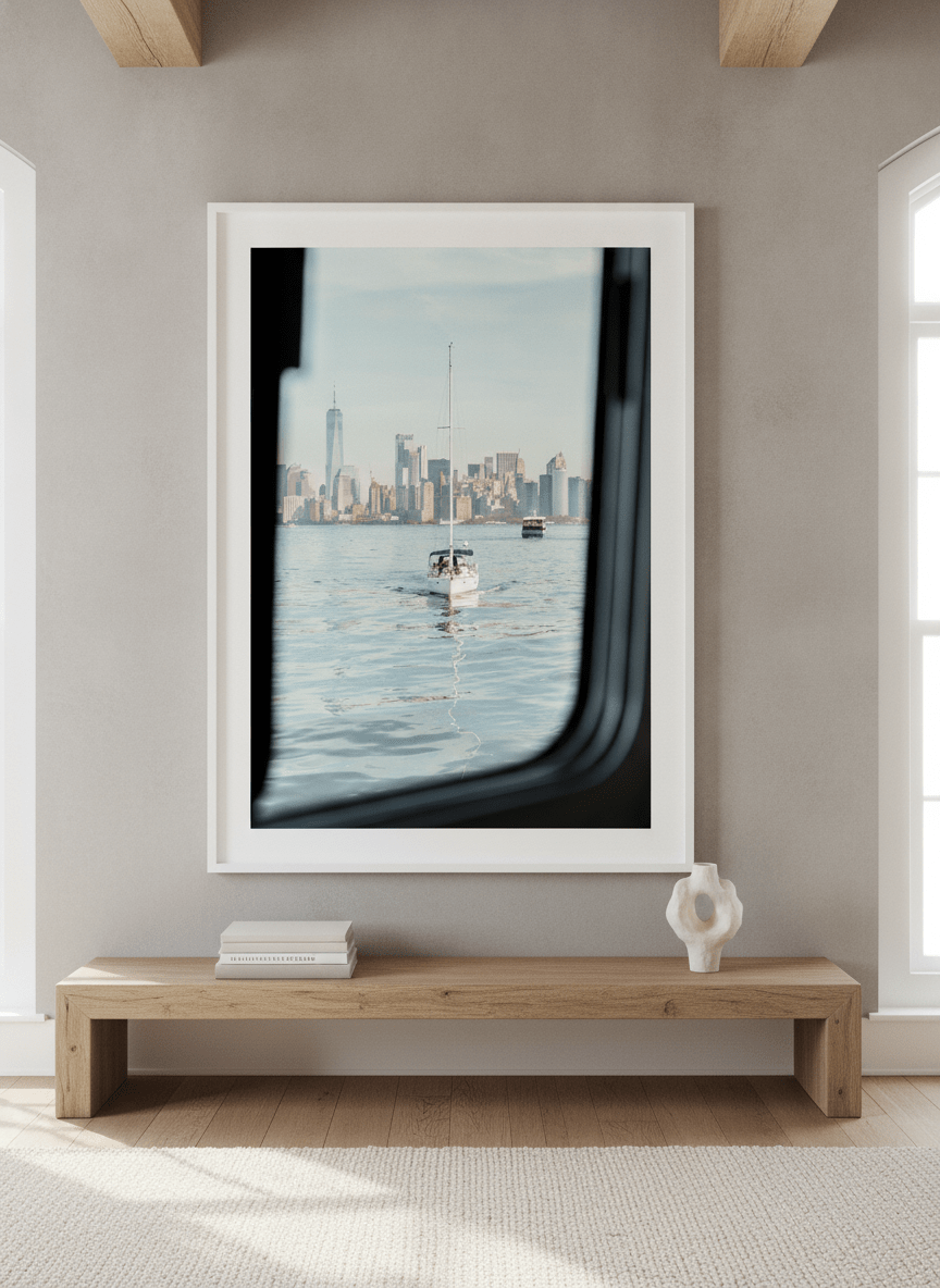 Monumental artwork centred on a feature wall in a luxe interior