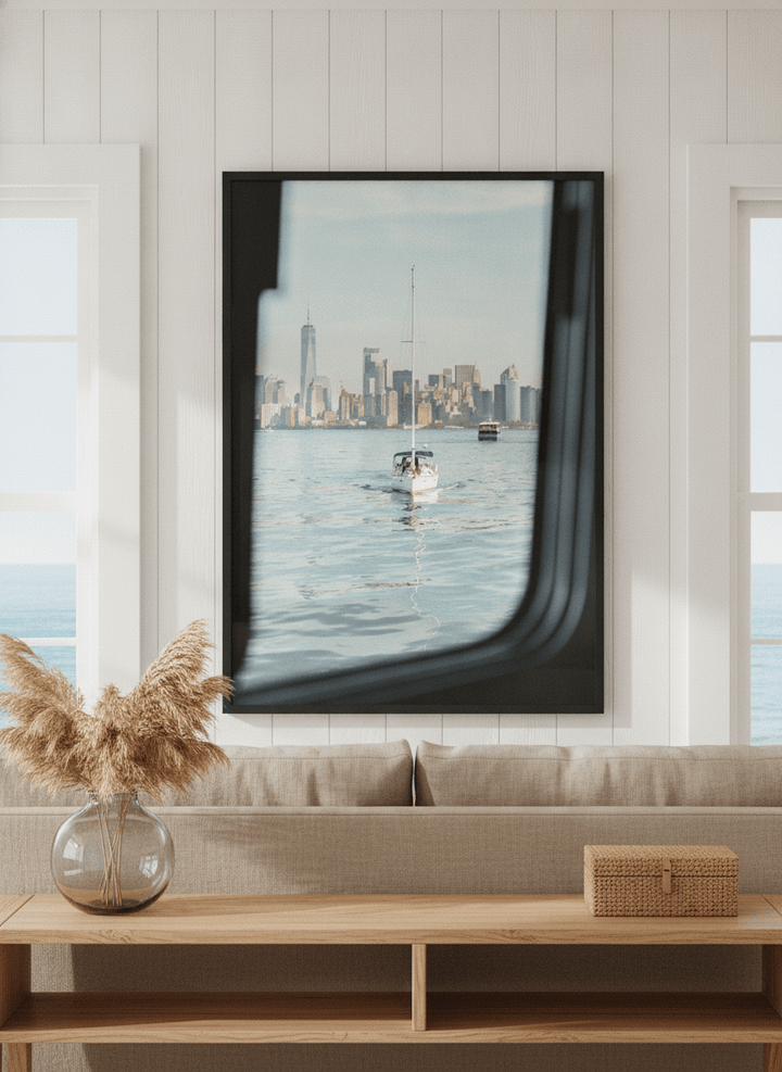 Neutral wall art displayed in a sunny coastal beach house