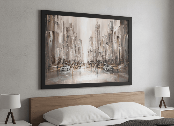 Minimalist artwork displayed in a calm, light-filled bedroom interior
