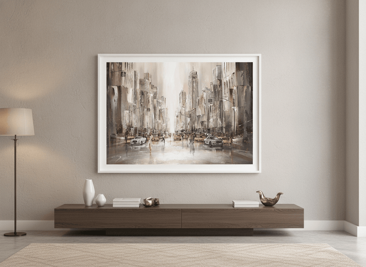 Monumental artwork centred on a feature wall in a luxe interior