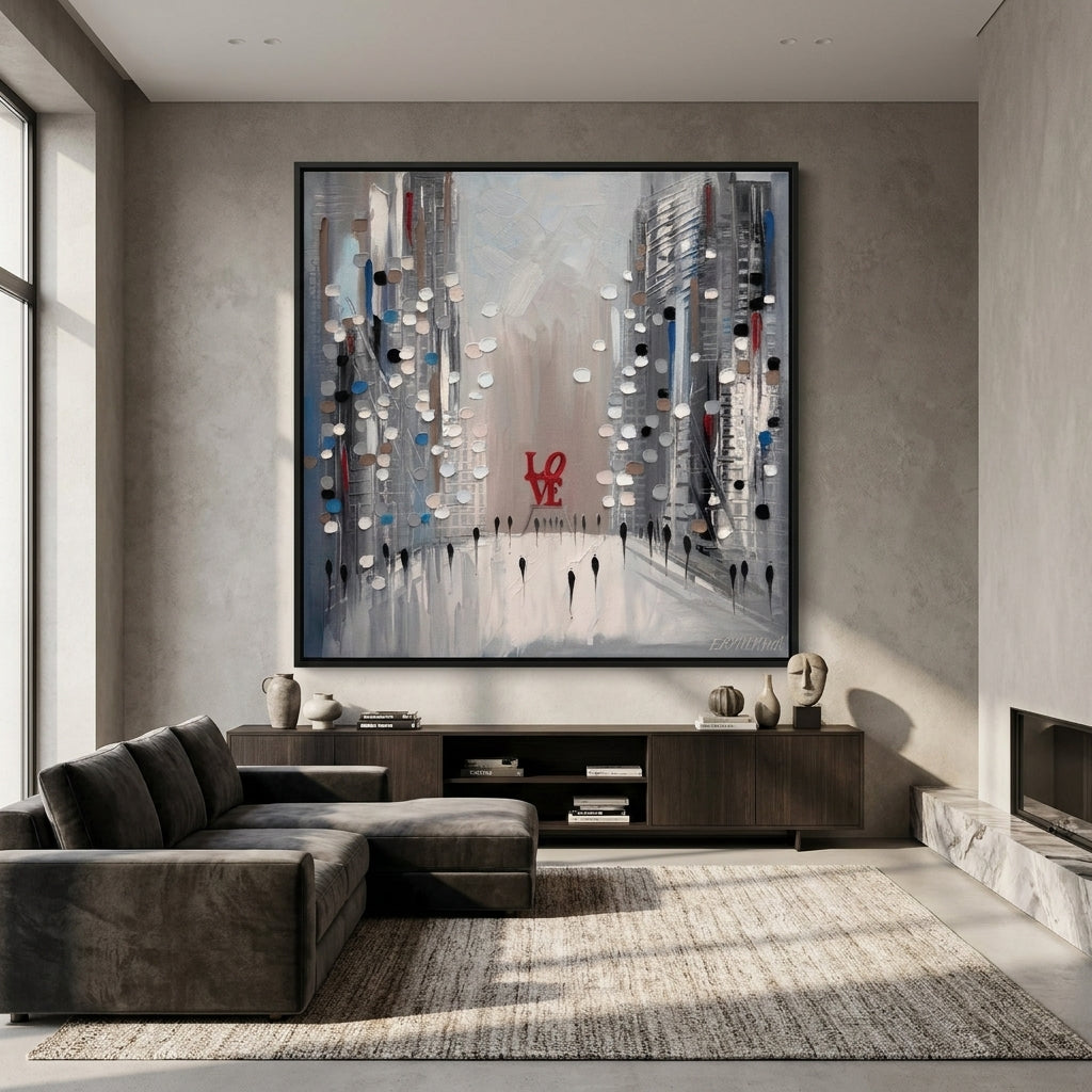 Oversized statement canvas wall art with a black surround styled in a luxe interior