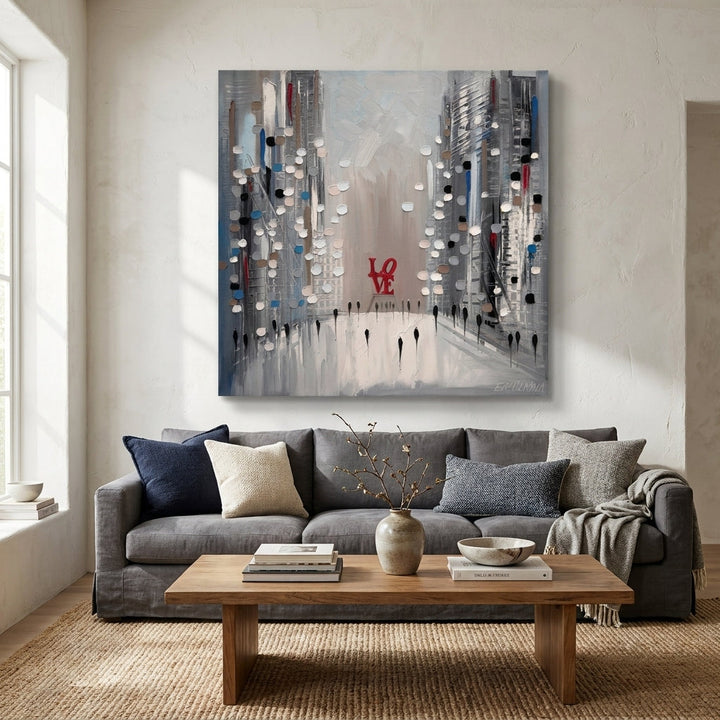 Stretched canvas wall art styled in a neutral living room