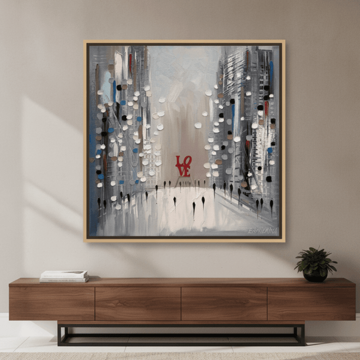 Canvas wall art with a natural timber surround styled in a bright modern office