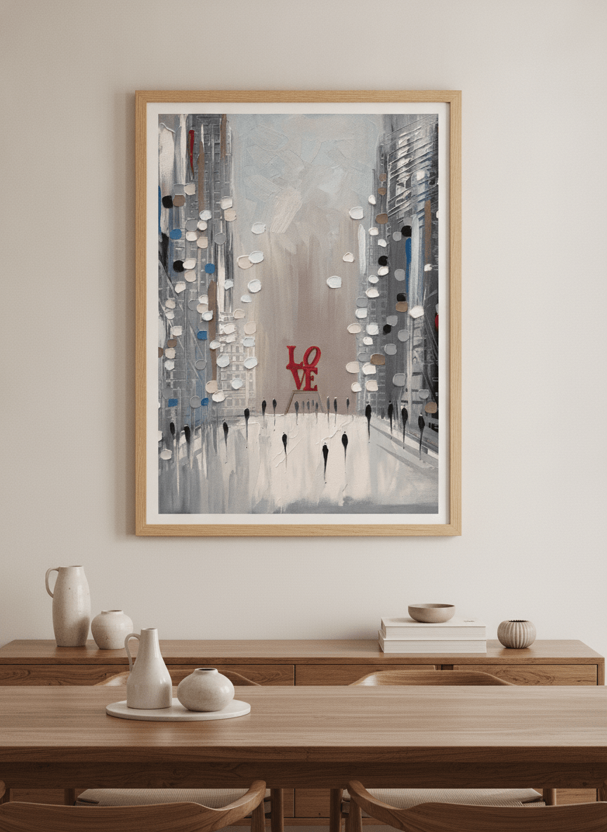 Wall art styled above a dining table in a contemporary home