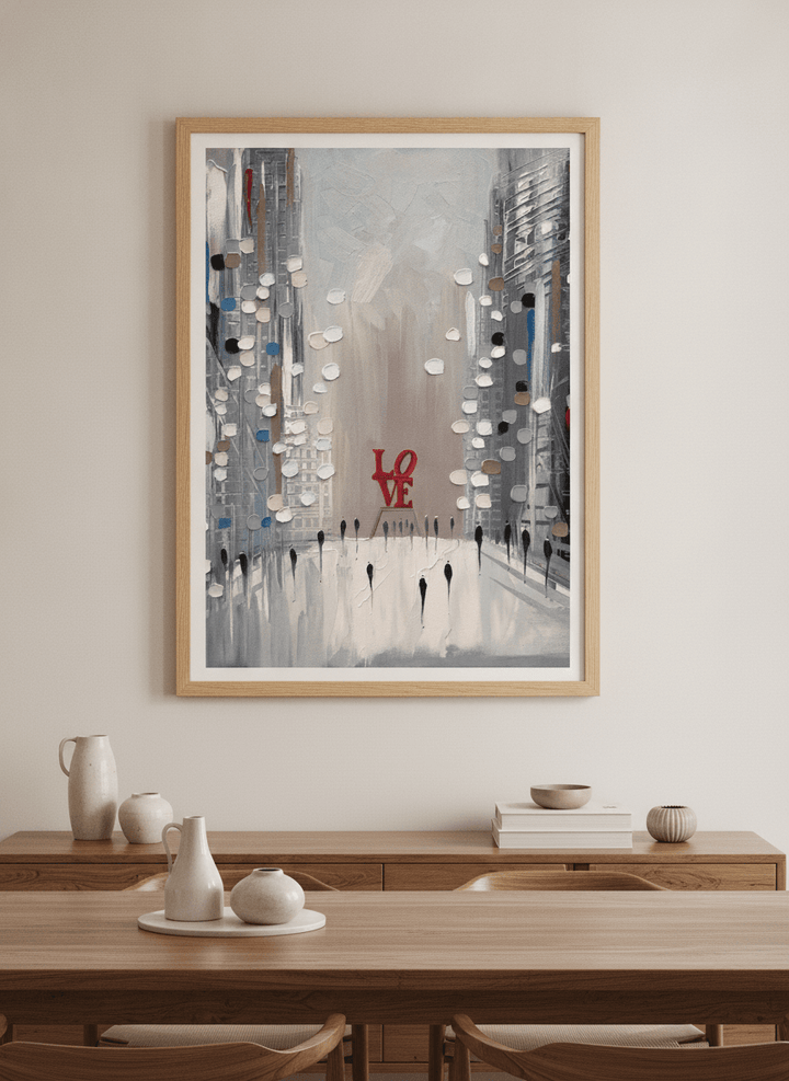 Wall art styled above a dining table in a contemporary home