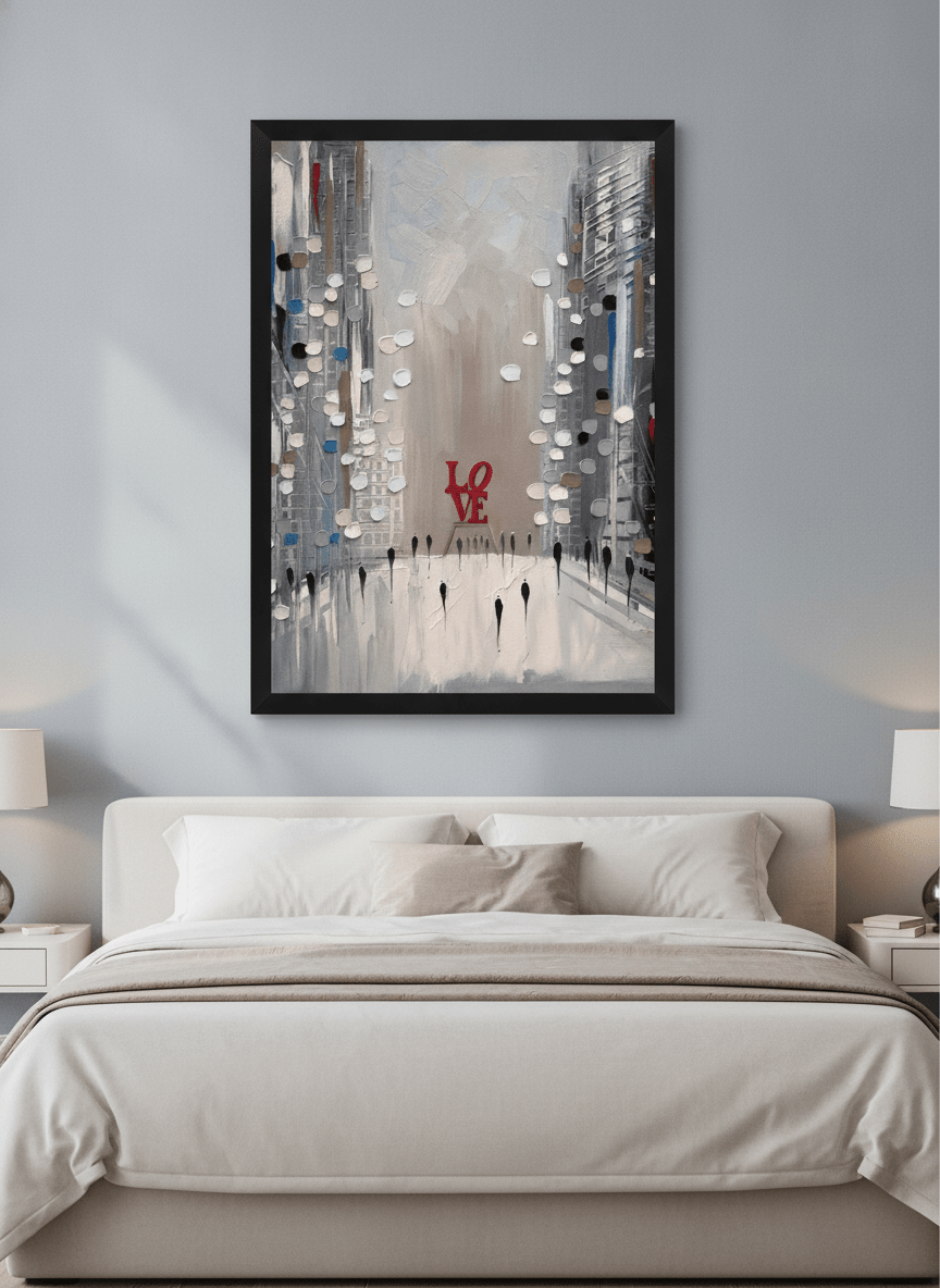 Minimalist artwork displayed in a calm, light-filled bedroom interior