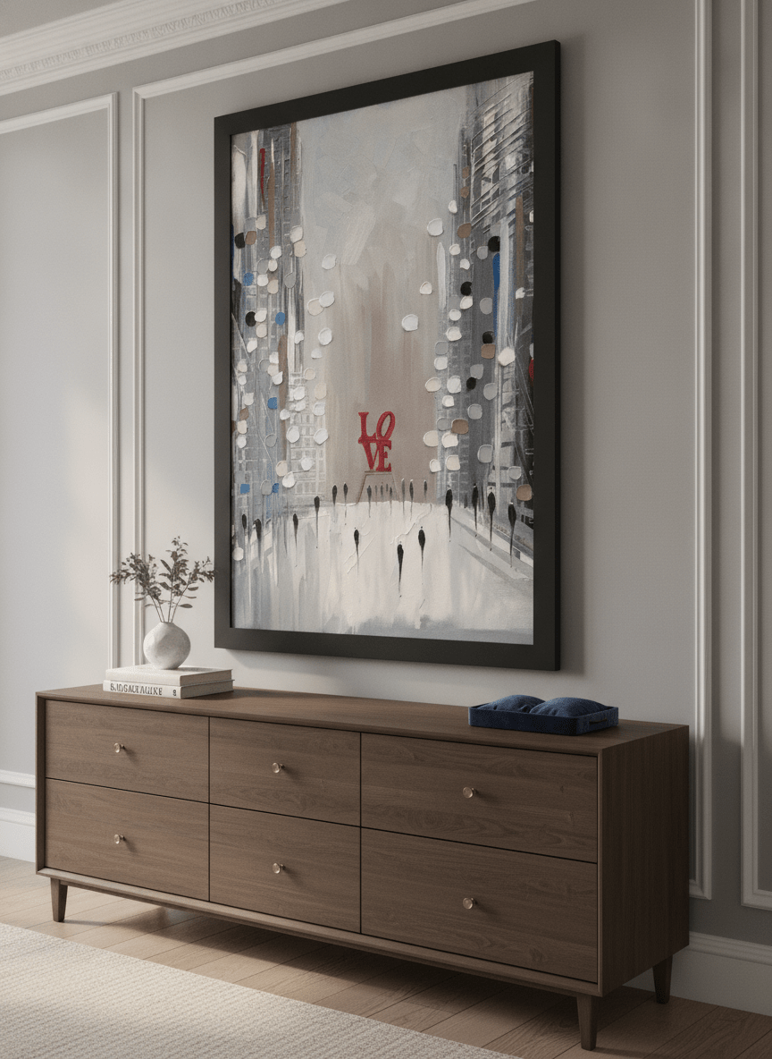 Monumental artwork centred on a feature wall in a luxe interior