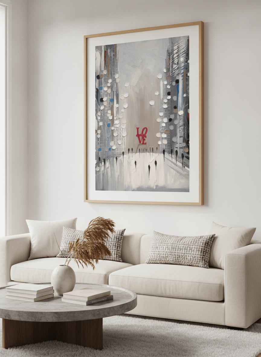 Modern wall art styled above a sofa in a neutral living room
