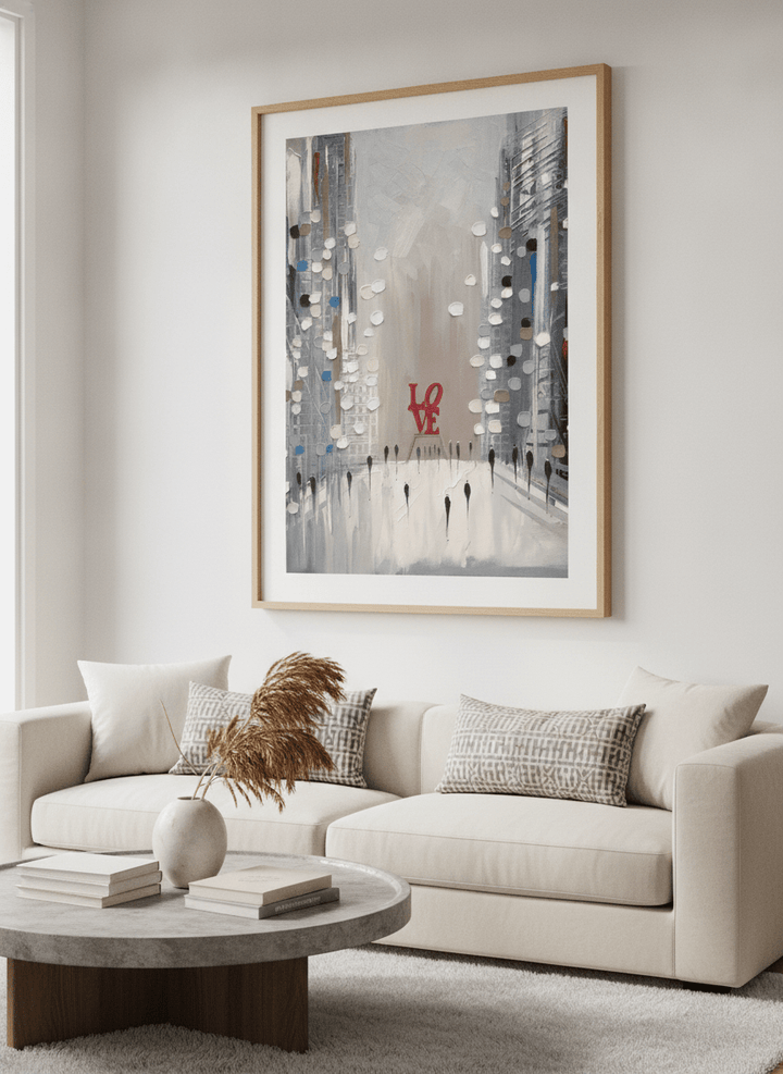 Modern wall art styled above a sofa in a neutral living room