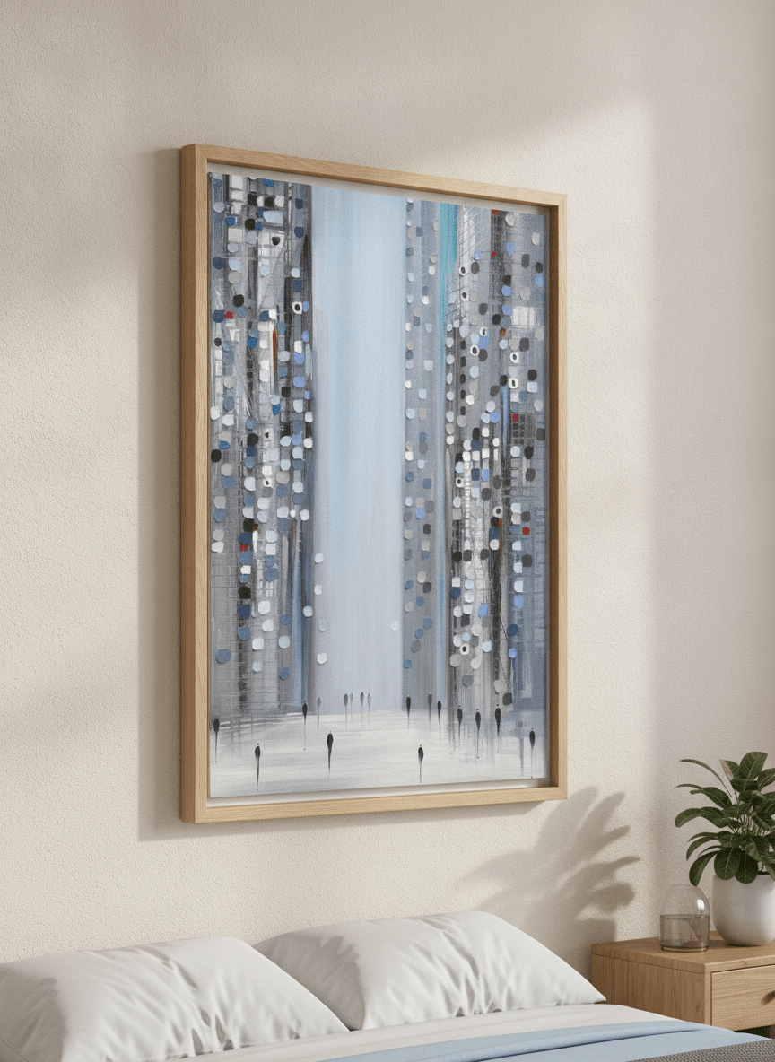 Minimalist artwork displayed in a calm, light-filled bedroom interior