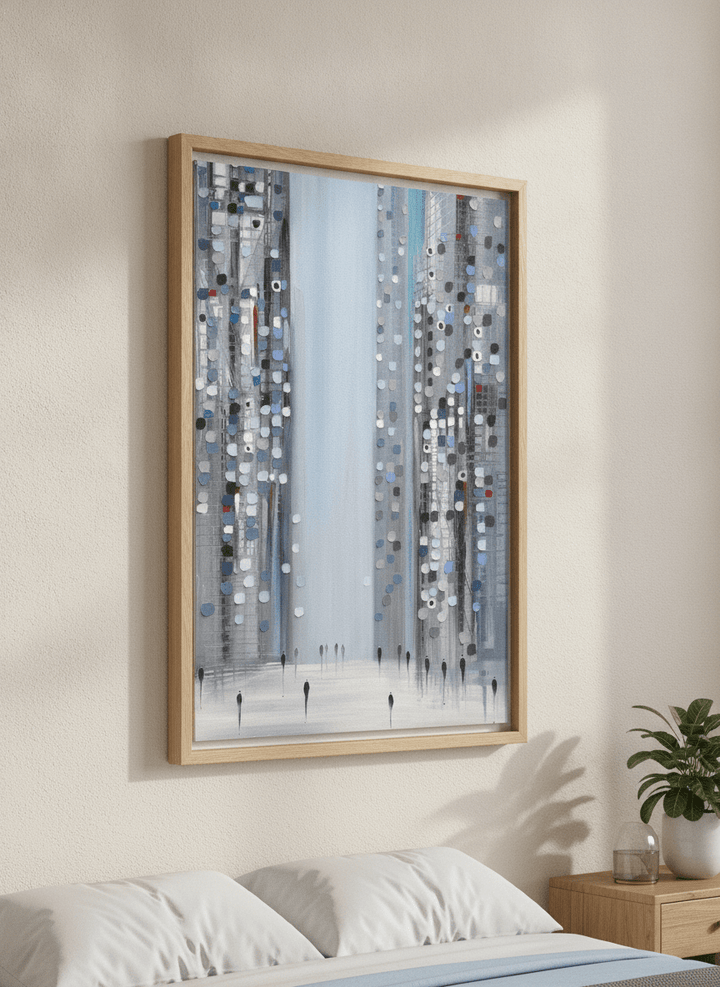 Minimalist artwork displayed in a calm, light-filled bedroom interior