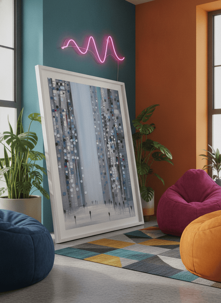 Bold wall art styled in a colourful, eclectic modern home