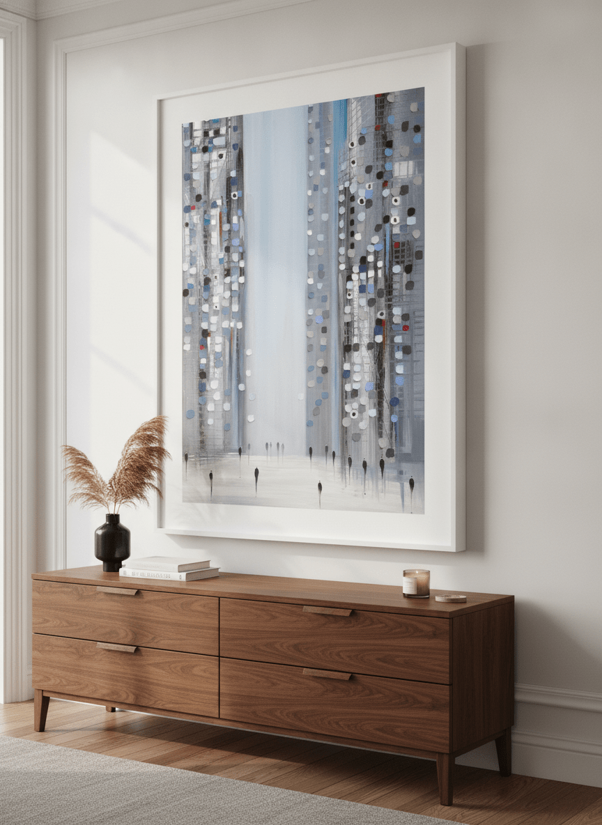 Monumental artwork centred on a feature wall in a luxe interior