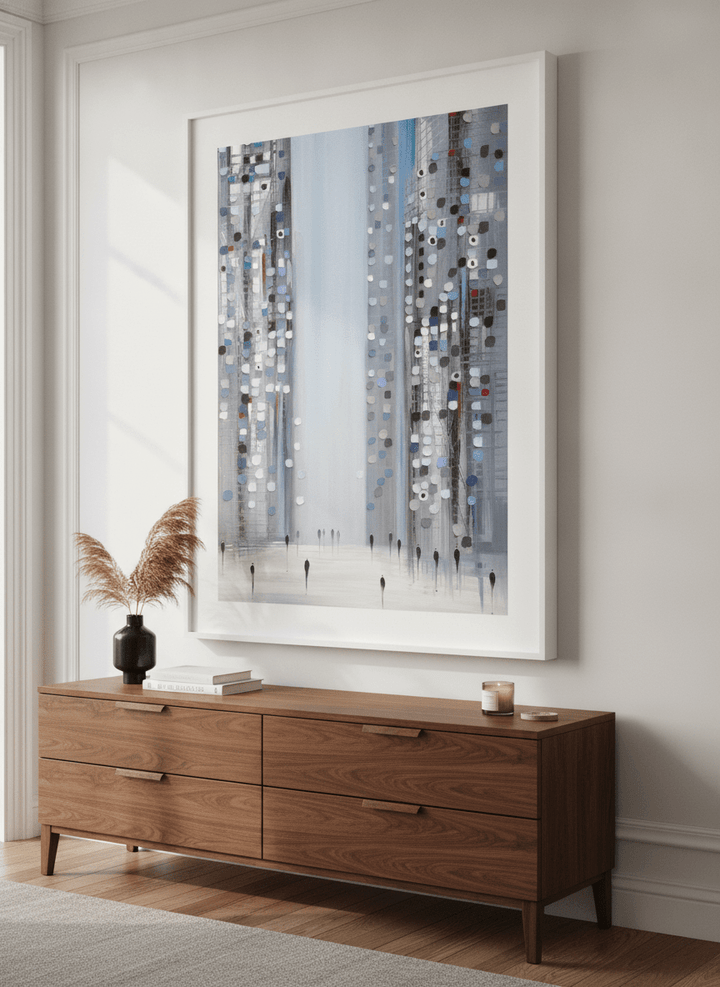 Monumental artwork centred on a feature wall in a luxe interior