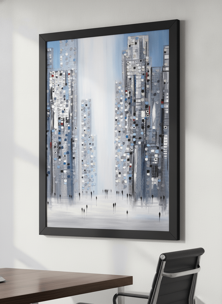 Contemporary wall art featured in a bright modern office workspace