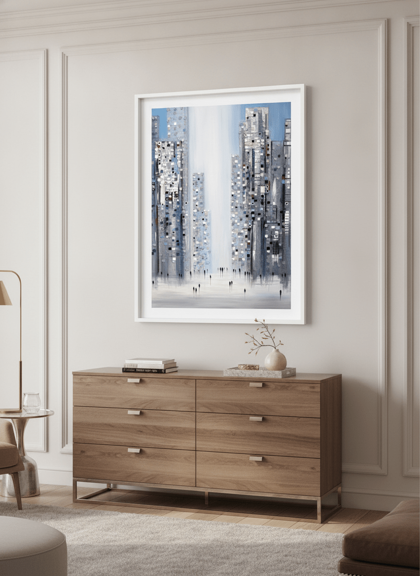 Monumental artwork centred on a feature wall in a luxe interior