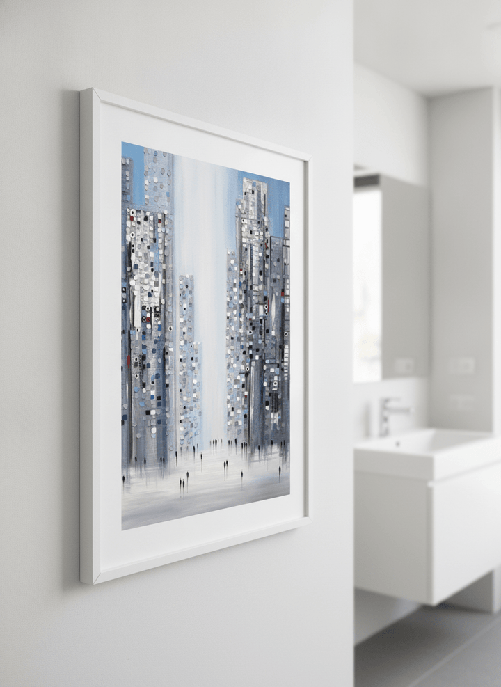 Modern print displayed in a clean minimalist bathroom setting