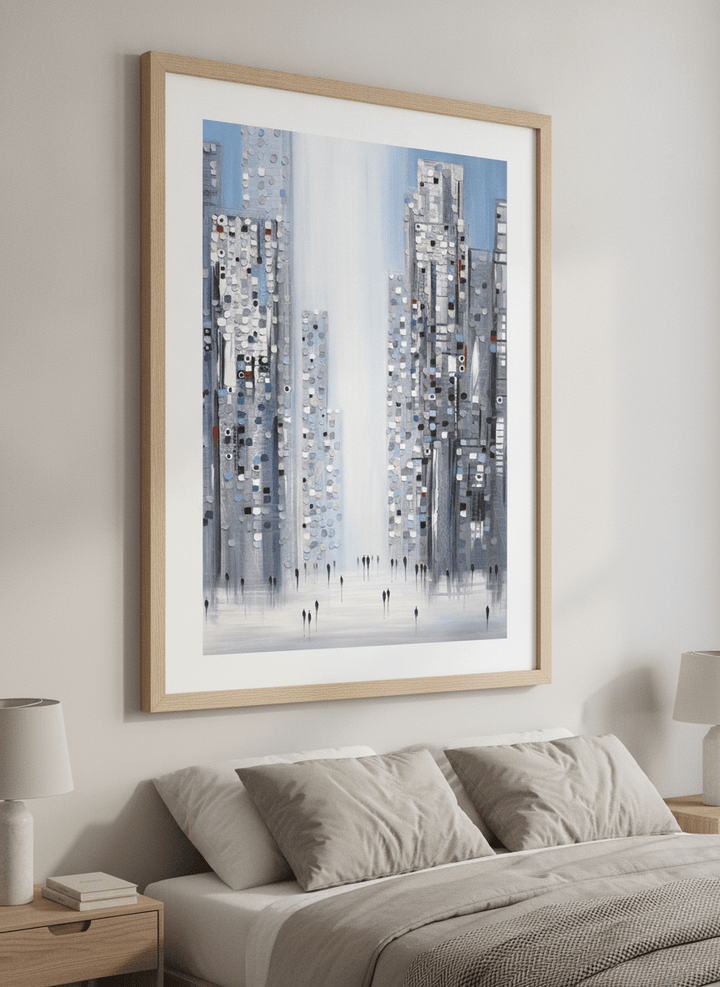 Minimalist artwork displayed in a calm, light-filled bedroom interior