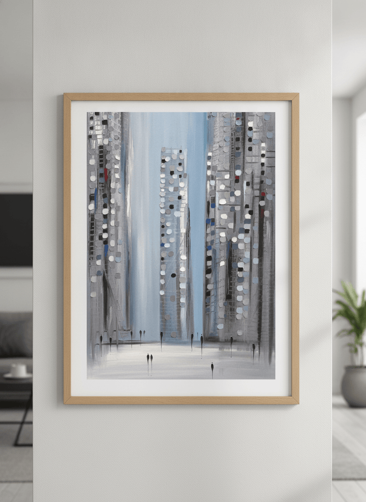 Modern wall art styled above a sofa in a neutral living room
