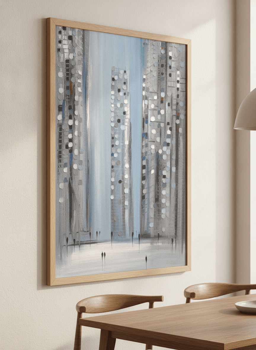 Wall art styled above a dining table in a contemporary home