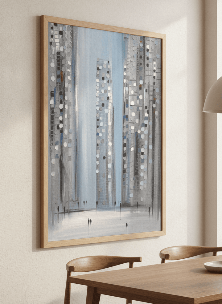 Wall art styled above a dining table in a contemporary home