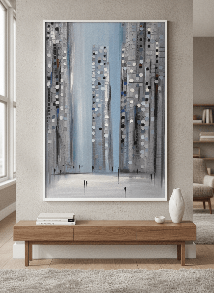 Monumental artwork centred on a feature wall in a luxe interior