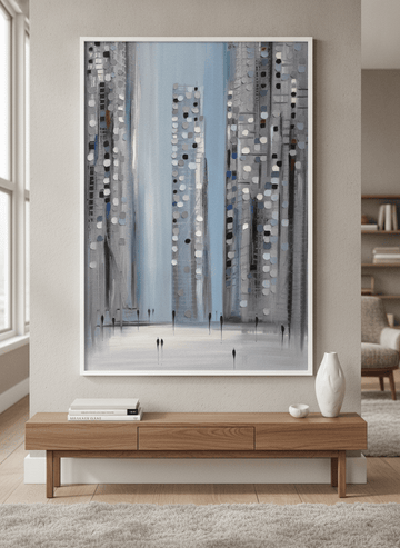 Monumental artwork centred on a feature wall in a luxe interior